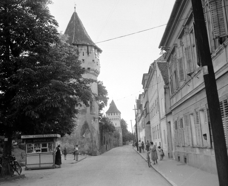 Strada Cetăţii, előtérben az Asztalos torony, háttérben a Fazekas torony.