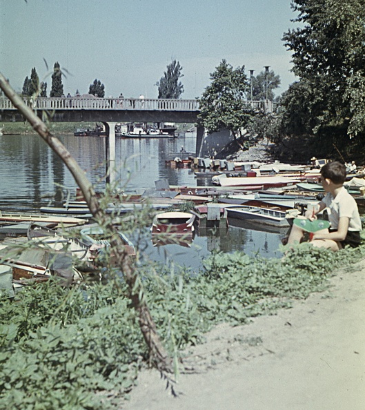 az 1981-ben felrobbantott régi szigeti híd, előtérben a Huzovics-féle kikötő a Sugovicán.