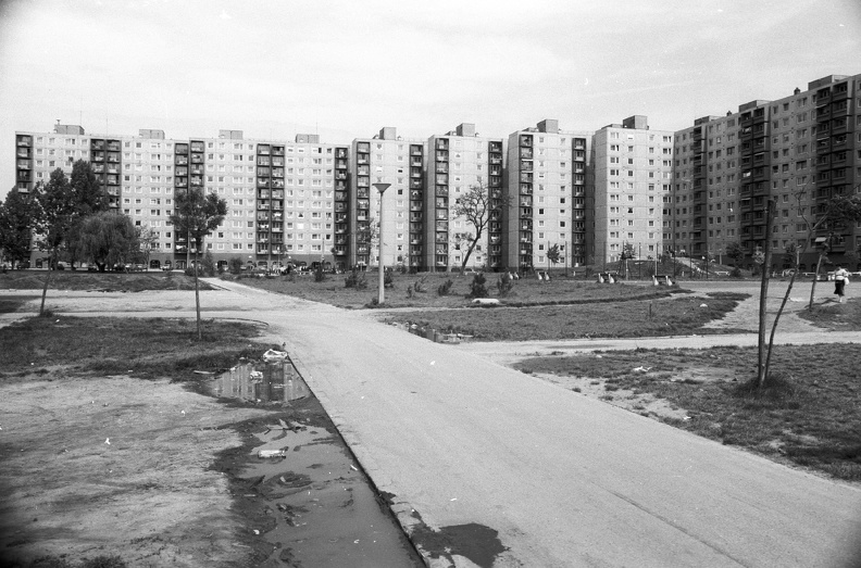 Palotaváros (Lenin lakótelep), központi park, háttérben a Tolnai utca házai.