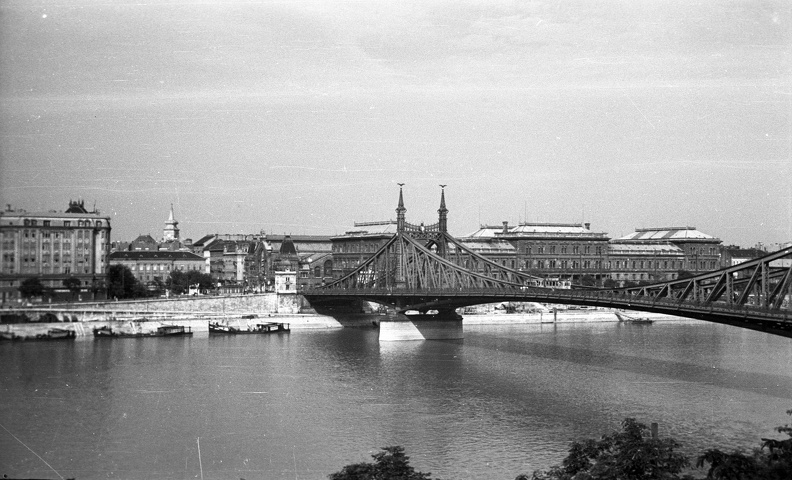 kilátás a Gellérthegyről a Szabadság (Ferenc József) híd és a Fővám tér felé.
