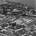 légifotó az Árpád híd budai hídfője környékéről a Hajógyári sziget déli végével.