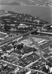 légifotó az Árpád híd budai hídfője környékéről a Hajógyári sziget déli végével.