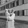 Apáczai Csere János út, Lány bagollyal című szobor (Seregi József, 1976.), mögötte a József Attila könyvtár.